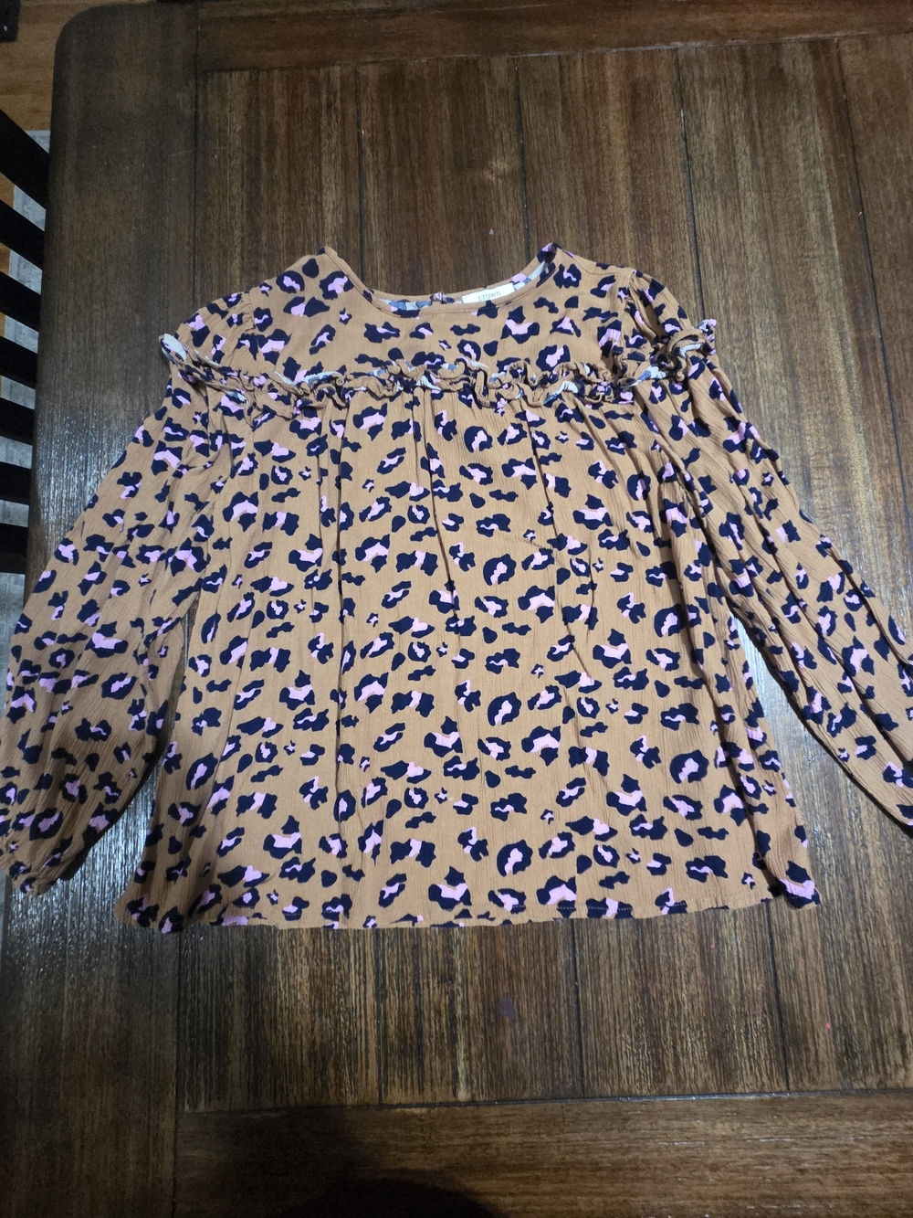 crown & ivy Girls' Tan Leopard Print Long Sleeve Top with Pink and Black Spots